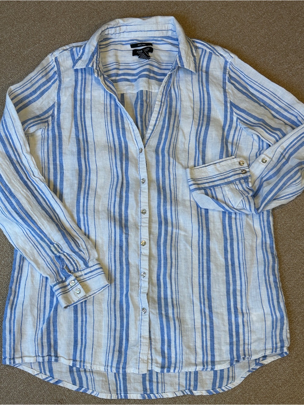 100% Linen Blue & White Striped Button up Shirt Women jones & co NY M seersucker - Picture 2 of 13